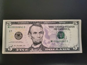 $5 Federal Reserve 2013 Fantasy Serial Number Low MG00000641 D - Picture 1 of 6