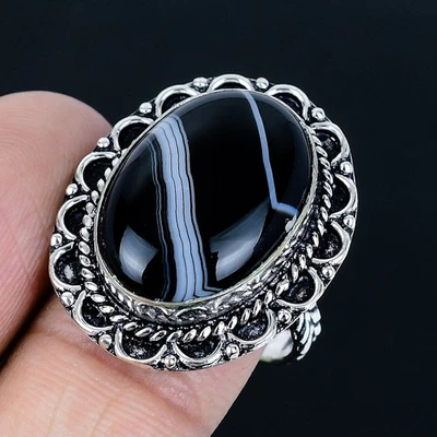 Anillo hecho a mano de ágata 925 con bandas talla 9 de EE. UU. Foto 1 de 3
