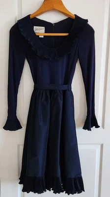 JILL RICHARDS Mujer XS Pequeño Vestido de Diseñador Azul Marino Volantes Manga Larga Cinturón Foto 1 de 4