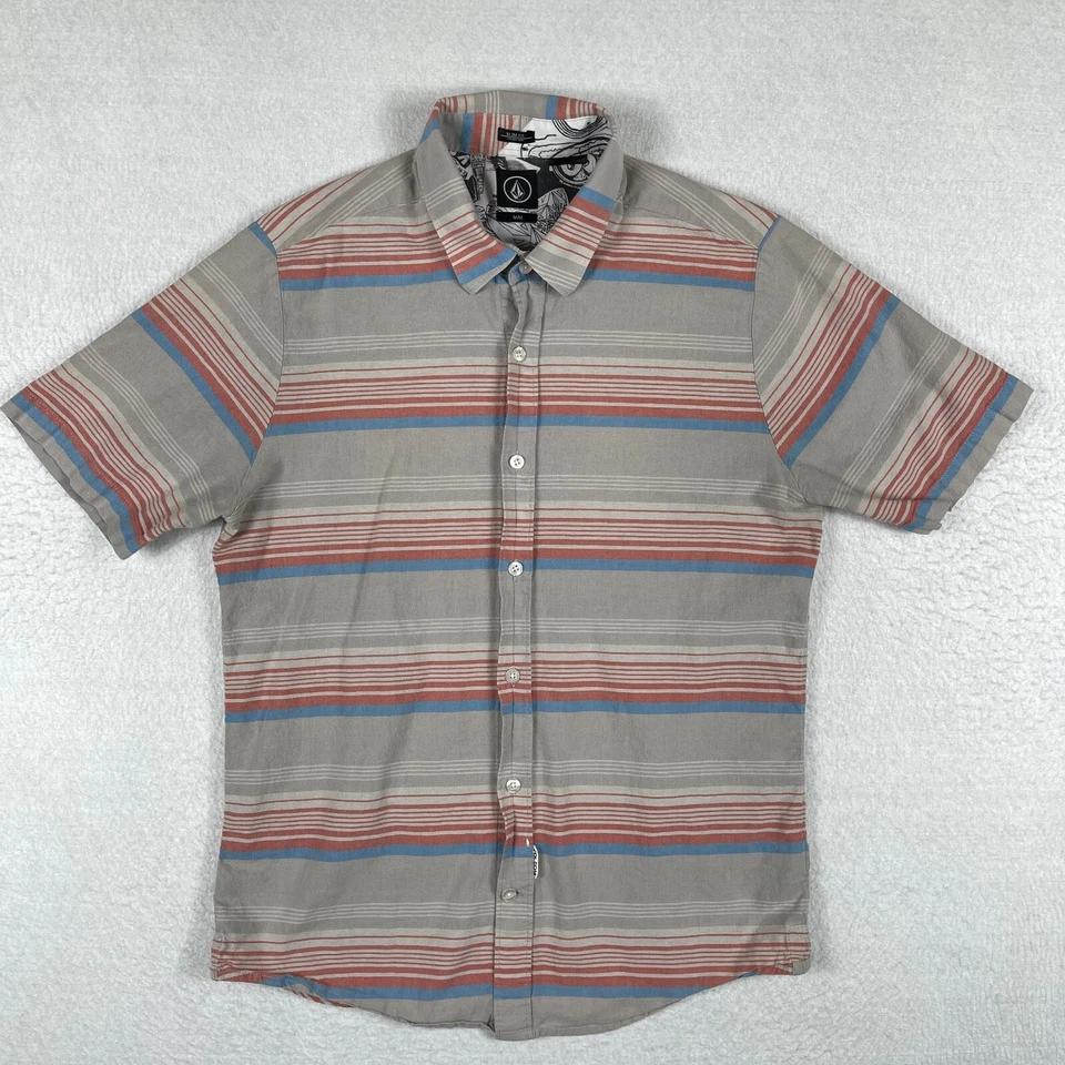 Volcom Shirt Mens Medium Slim Fit Gray Striped Surf Skate Casual Travel Workwear - Image 1 of 4