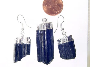 BUTW Silver Electroformed Raw Black Tourmaline 49mm Necklace & Earrings 9719K - Picture 1 of 3