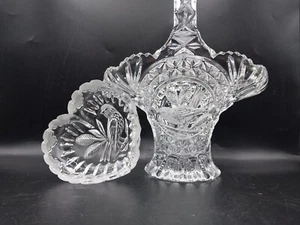 Hofbauer Byrdes Crystal Basket & Heart Trinket Dish Set Germany Sawtooth Bird - Picture 1 of 24