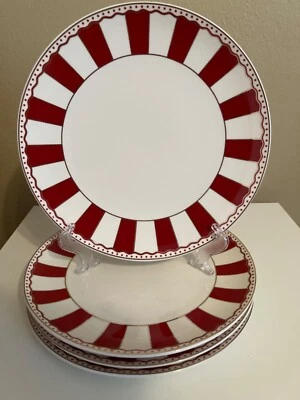 Juego de 4 platos de cena Grace Teaware 10,5” rayas rojas y blancas NUEVO Foto 1 de 3