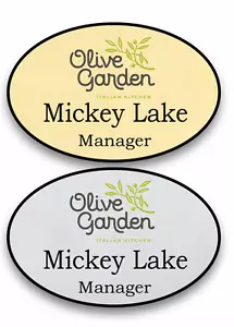1 GOLD & 1 SILVER OVAL OLIVE GARDEN PERSONALIZED NAME BADGES SAFETY PIN BACK - Picture 1 of 2