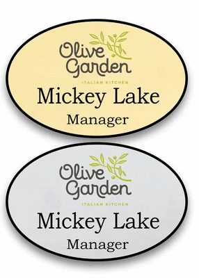 ABC BADGES AND BUTTONS 1 GOLD & 1 SILVER OVAL OLIVE GARDEN PERSONALIZED NAME BADGES SAFETY PIN BACK