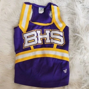 VARSITY Cheerleader Uniform Top purple yellow Cheer Made Sz 32+2 - Picture 1 of 7
