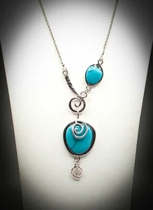 Modern Flair Silver Tone Turquoise Necklace with Large Turquoise Cabochons - Picture 1 of 4