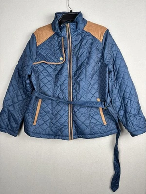 Laura Scott 夹克女式 Petite XL 蓝色绗缝腰带人造麂皮绒装饰拉链 — 第 1/4 张图片