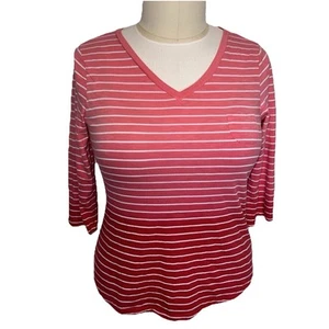 Style & Co Women's L Blouse Coral Ombre with White Stripe V-Neck 3/4 Sleeve - Picture 1 of 11