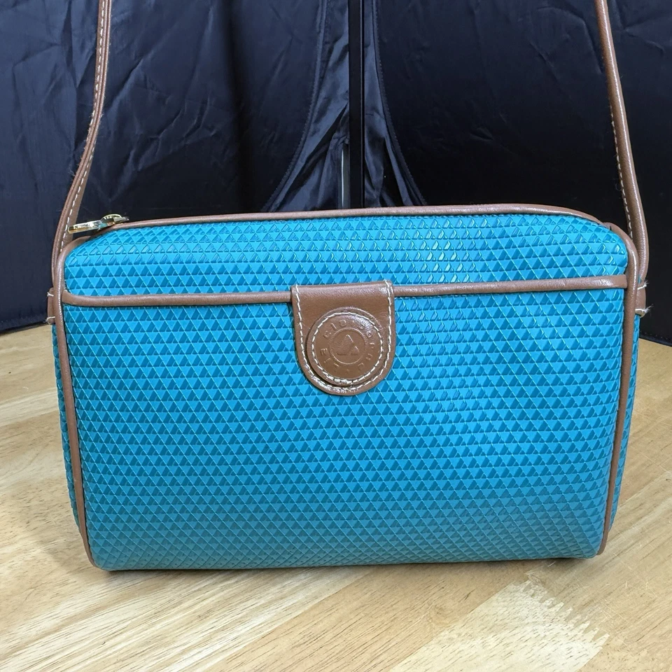 Bolso de mano Liz Claiborne 1983 verde azulado borde de cuero cremallera superior logotipo vintage Foto 1 de 4