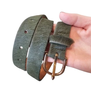 Halogen Belt Womens Trouser Fit Olive Green Leather Calf Hair Sz M 32-38" Waist - Picture 1 of 11