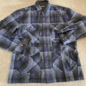 RRL Ralph Lauren Jacket Mens Medium Blue Black Plaid Flannel Shirt Shacket New - Picture 1 of 10