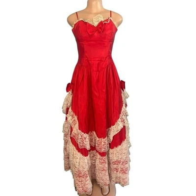 Vintage Alfred Angelo Flirtations Red Southern Belle Lace Tiered Prom Dress  - Image 1 of 4