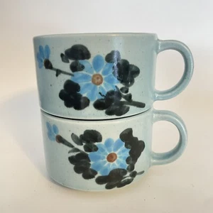 Set of 2 Vtg Stoneware Blue Mugs Soup Bowls w/ Blue Flowers Stackable Korea - Picture 1 of 10