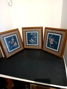 Drei gerahmte chinesische Seidenstickerei Vintage Tafeln - Bild 1 von 5