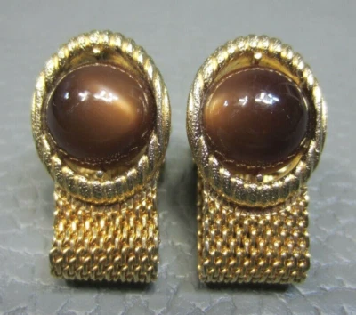 Vintage Brown Lucite Wrap Around Yellow Gold Plated Cuff Links  - Image 1 of 3