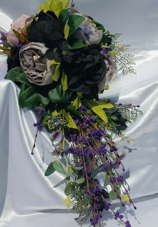 15 Pc Dusty Purple, Lavender, Black Wedding Bouquet Set, Vintage Bouquet Package - Image 1 of 4