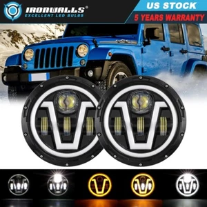 Pair DOT 7"inch LED Round Headlights With Angel Eyes For Jeep Wrangler JK TJ CJ - Foto 1 di 12