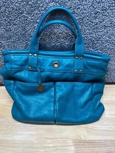 Levenger Turquoise Leather 6-Pocket Large Handbag Tote Double Handle NO STRAP - Picture 1 of 15