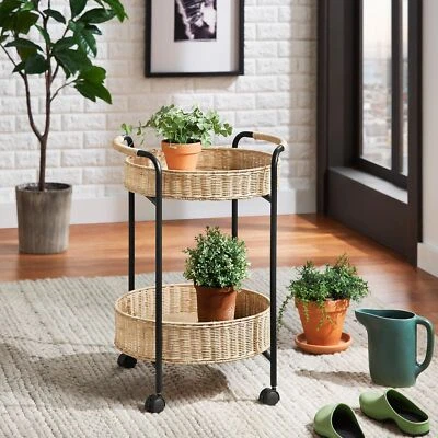 18" 2-Tier Rattan Baskets Serving Cart with Black Metal Frame On Wheels - Image 1 of 4