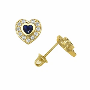 14K White Gold Blue Sapphire Halo CZ Heart Shape Screw Back Stud Earrings - Picture 1 of 1