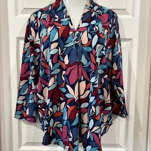 Zopfmuster Schal V-Ausschnitt Bluse bunt Blattmuster Stretch Tunika Top XL - Bild 1 von 9
