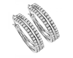 1.020 CTW 64 Diamonds White Gold Rhodium Over Sterling Silver Designer Earrings - Picture 1 of 3