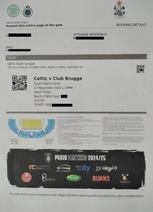 E-TICKET UEFA Youth League 27.11.2024 Celtic FC - Club Brugge - Picture 1 of 1