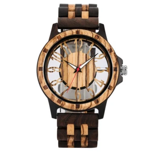 Men's Quartz Wood Watch Full Wooden Watches Hollow Dial Adjustable Wristwatch - Picture 1 of 8