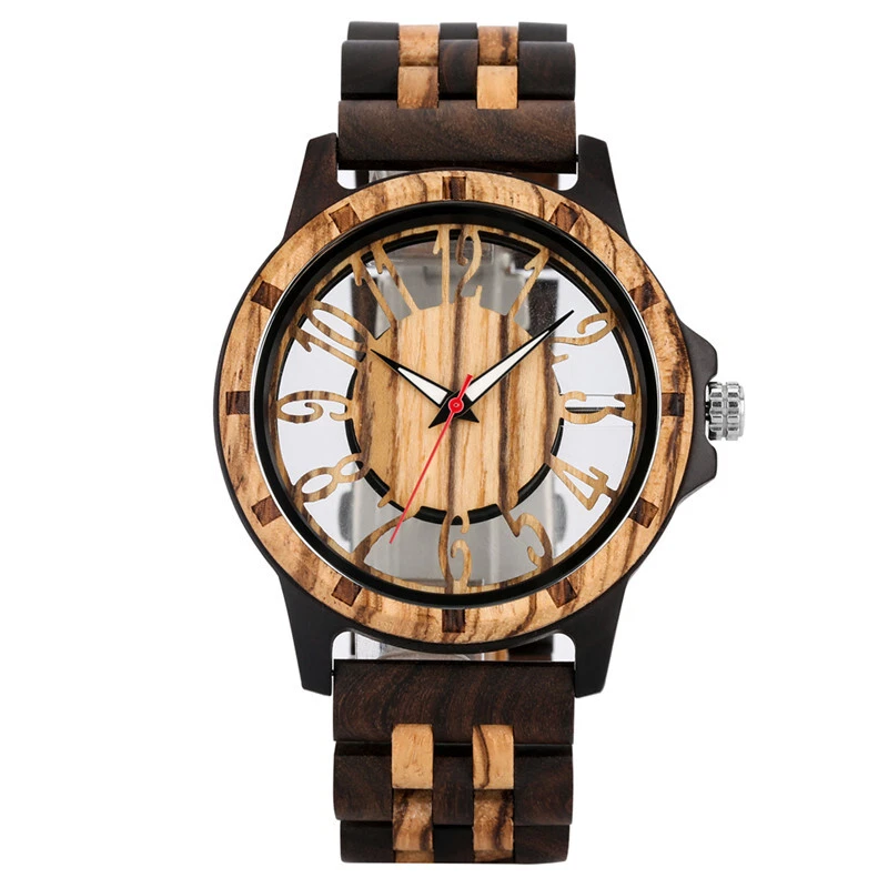 Men's Quartz Wood Watch Full Wooden Watches Hollow Dial Adjustable Wristwatch - Image 1 of 4