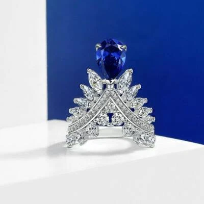 Alianza corona zafiro azul pera creada en laboratorio de 2 quilates acabado oro blanco de 14 quilates  Foto 1 de 4