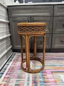 Vintage Round Wicker Top Bamboo Side Table or Stool 22.5" Tall - Picture 1 of 11