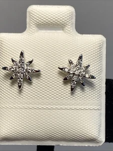 925 Sterling Silver Solid Star , Stud Earrings With Diamond Cut And Cz. New - Picture 1 of 10
