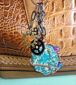 Purse Charm / Turquoise Blue Colored Jasper Stone Wire Wrapped & Metal Gears. - Picture 1 of 9