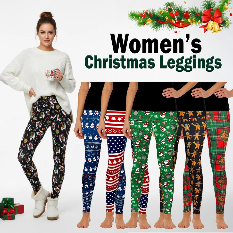 WICKEDFUN Womens Christmas Leggings High Waisted Gym Yoga Snowman Santa Print Xmas Pants