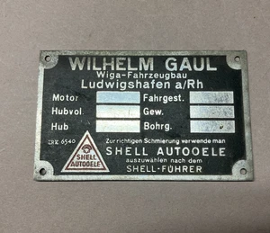 orig. Typenschild Wilhelm Gaul Ludwighafen SHELL Vorkrieg BMW DKW NSU WIGA 37483 - Picture 1 of 4