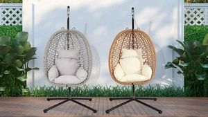 Hanging Egg Chair w Stand Rattan Wicker Swing Chair w Cushions 4 Indoor/Outdoor - Picture 1 of 9