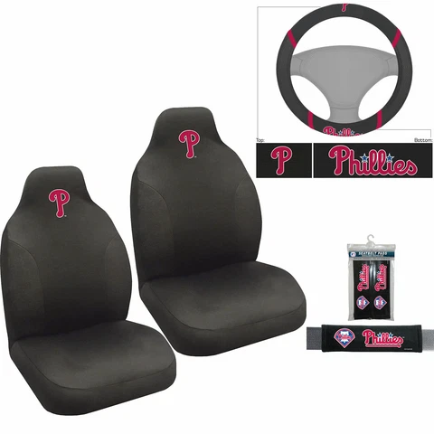 5PC MLB Philadelphia Phillies Car Seat Covers Steering Wheel Cover Seat Belt Pad Cover
