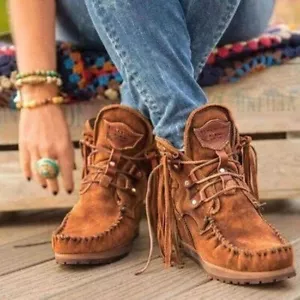 Women's Moccasin Boots Flat Suede Fringed Ankle Booties Winter Warm Shoes short - Picture 1 of 10