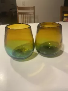 Amber/Teal Bubble Glass Handcrafted In Mexico 2 Stemless wine glasses - Picture 1 of 11