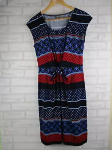Jacqui E womens a-line dress blue black red floral print S 10 round neck cap sle - Picture 1 of 10