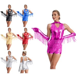 Body donna metallizzato lucido senza maniche con nappe guanti costume danza jazz - Foto 1 di 112