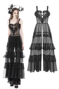 DARK IN LOVE Women Black Gothic Transparent Hearted Layer Lace Mesh Maxi Dress - Picture 1 of 16