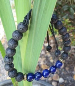 PIEDRAS PRECIOSAS AZUL OSCURO Y ROCA DE LAVA NEGRA - PULSERA DIFUSORA AJUSTABLE TRENZADA - Imagen 1 de 4