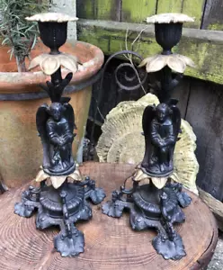 Antique pair of Victorian seated angel spelter candlesticks 12" high tripod legs - Picture 1 of 16