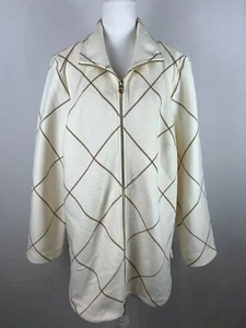 Chico's Women's Coat Size 3 Open Beige Gold Tone Check Squares Full Zip SZ 3 - Picture 1 of 11