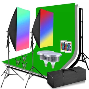 2x 150W RGB Softbox Lighting Stand Kit+Green Screen Photo Backdrops Support Set - Picture 1 of 12