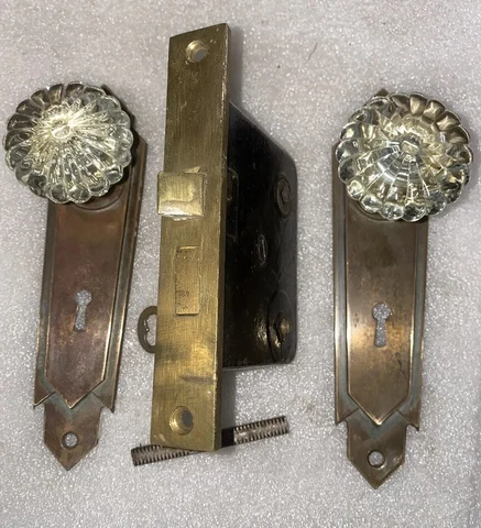 Antique Sargent Mortise Lock, 2 Clear Glass Knobs , Brass Backplates Cover