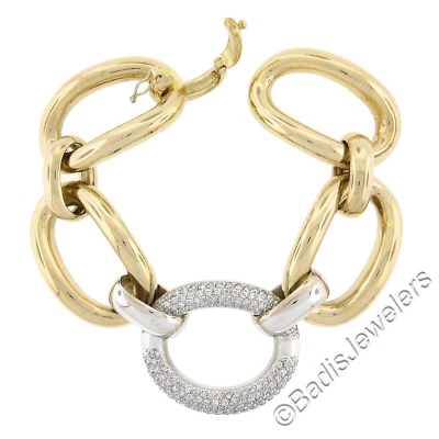 14K TT Gold Large Open Oval Link w/ 2.0ctw Pave Diamonds Center Link Bracelet - Image 1 of 4