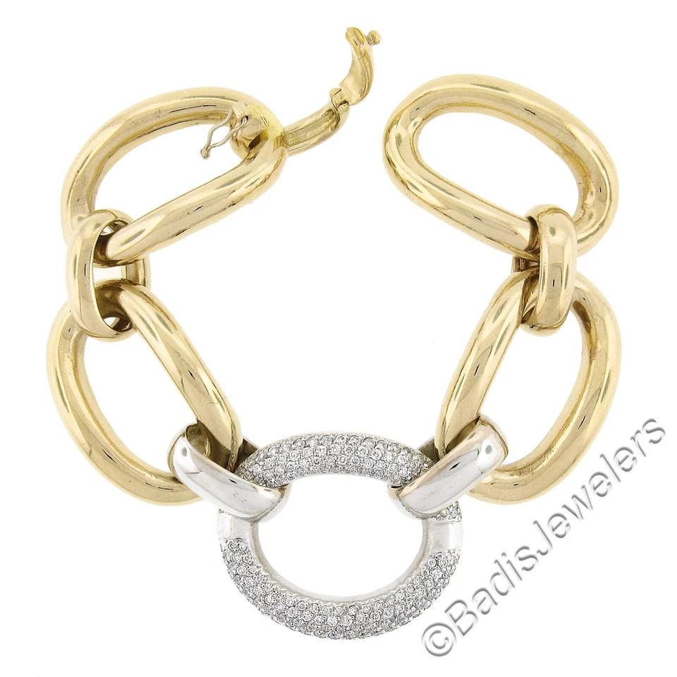 14K TT Gold Large Open Oval Link w/ 2.0ctw Pave Diamonds Center Link Bracelet - Image 1 of 4